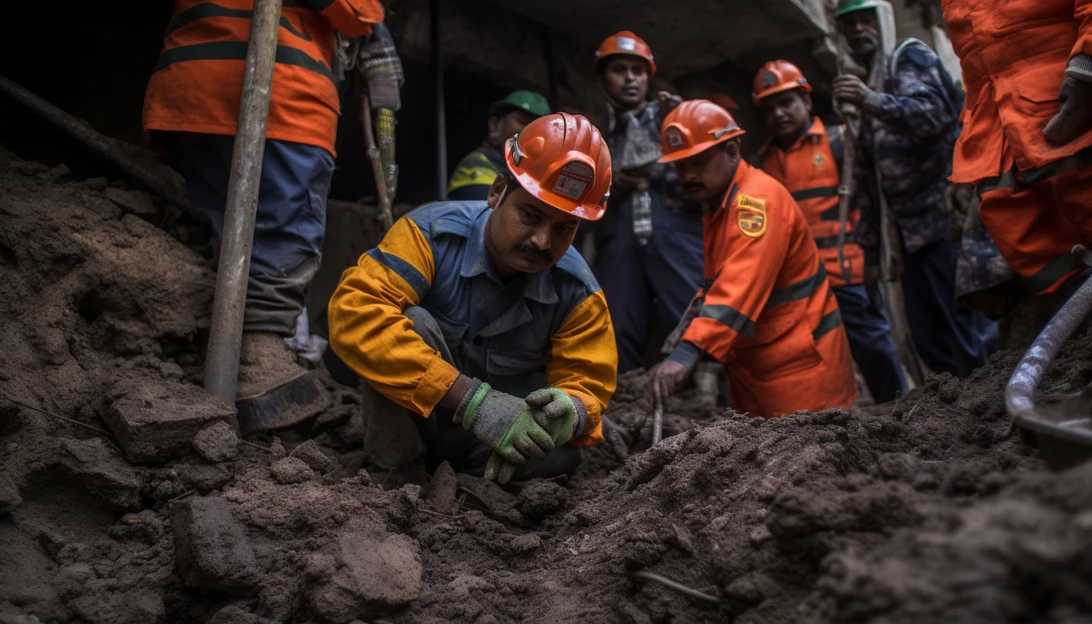 A photo of Indian rescuers in action, digging through dirt and debris at the collapsed tunnel site in Northern India. (Taken with a Canon EOS 5D Mark IV)