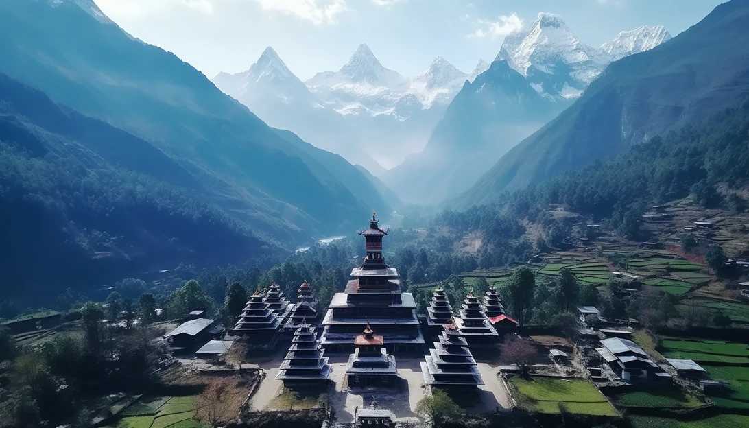 An aerial view of the beautiful Uttarakhand state, showcasing its majestic mountains and Hindu temples. (Taken with a DJI Mavic 2 Pro)