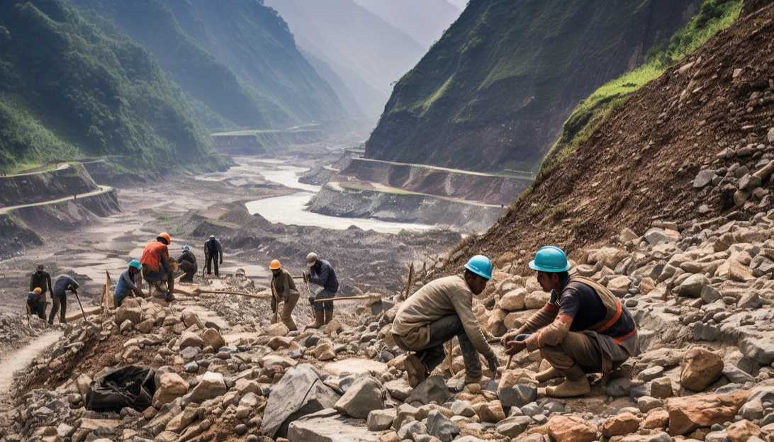 A group of construction workers working on the Chardham all-weather road, one of the federal government's flagship projects, connecting Hindu pilgrimage sites. (Taken with a Nikon D850)