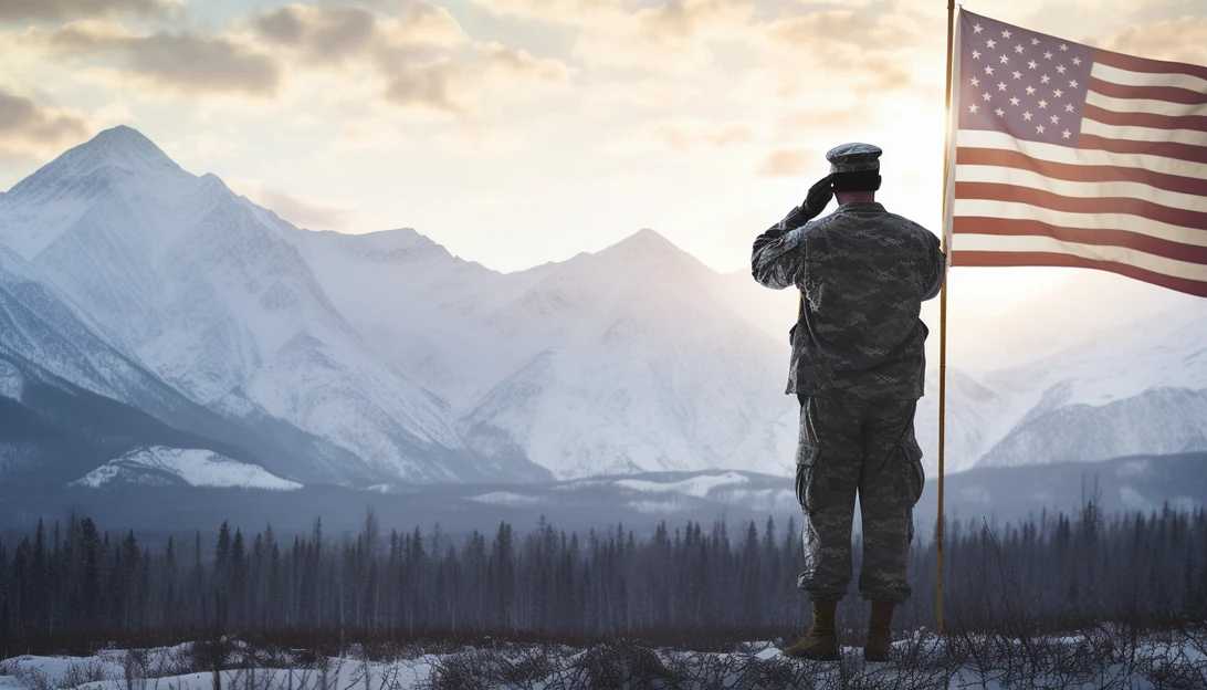A digital ad by the NRCC targeting military bases in Alaska, featuring an active-duty soldier saluting the American flag, taken with a Nikon D850
