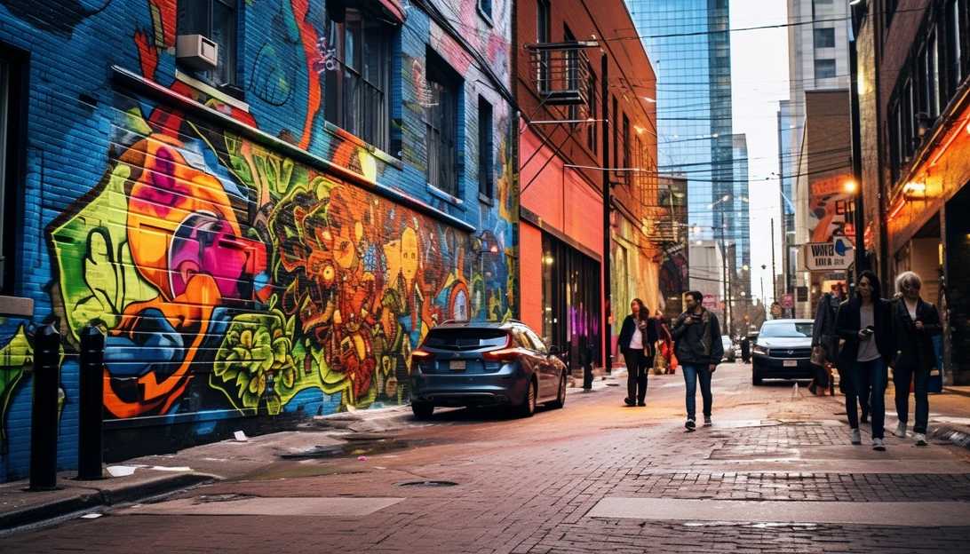 A vibrant street scene in downtown Minneapolis, showcasing the city's urban culture, shot with a Nikon Z7.