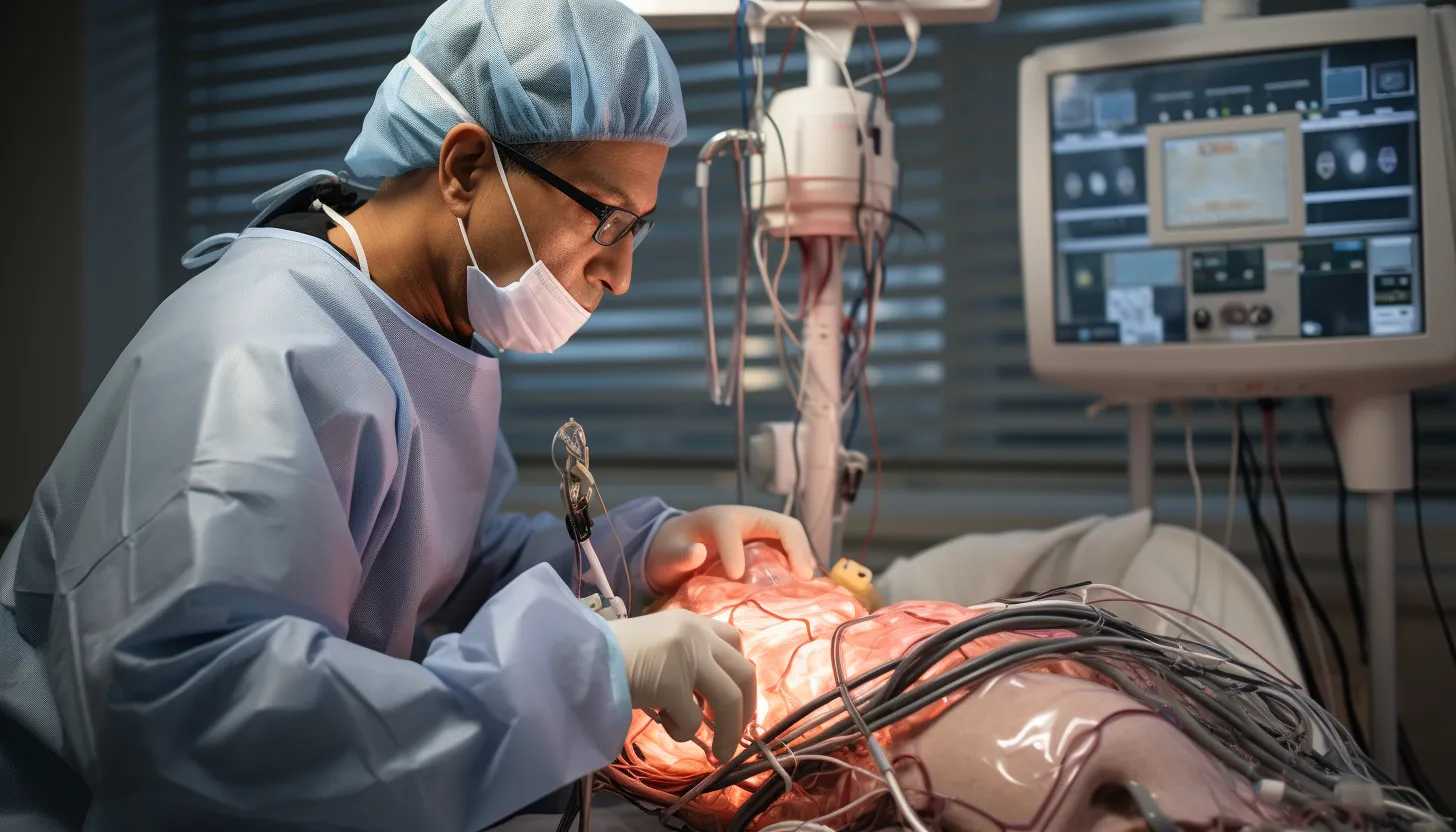 A picture of a health care professional working alongside an AI-powered surgical robot, captured with a Sony Alpha a7 III, indicative of the harmonious collaboration between human physicians and AI.