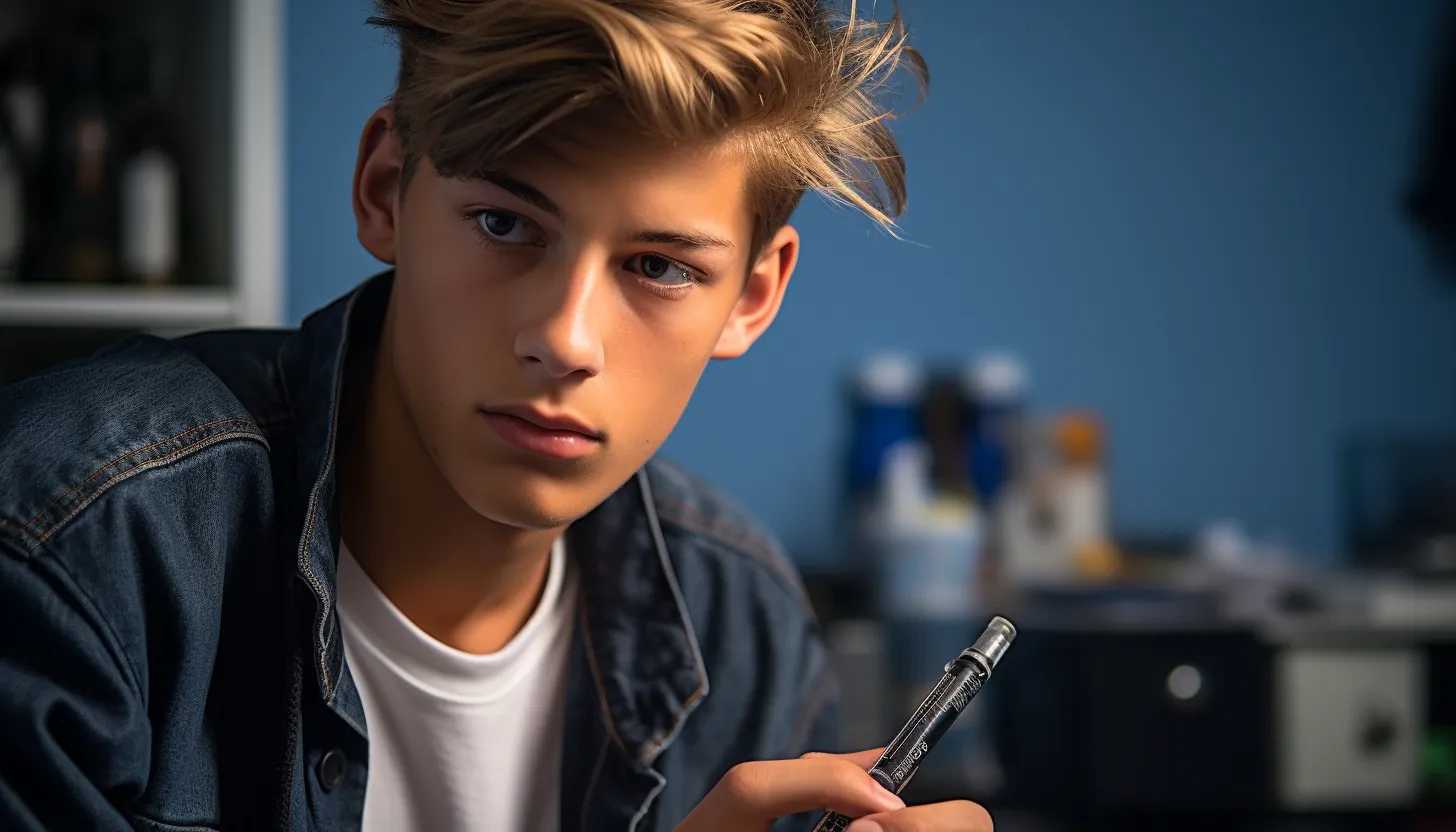 A close-up shot of a teenager examining a vape pen, a puzzled expression on his face. The ordinary settings of a teenager's bedroom, cluttered with school items, provide a poignant backdrop. The picture subtly emphasizes the deceptive appeal of these disguised, unauthorized e-cigarettes. Taken with Canon EOS 5D Mark IV.
