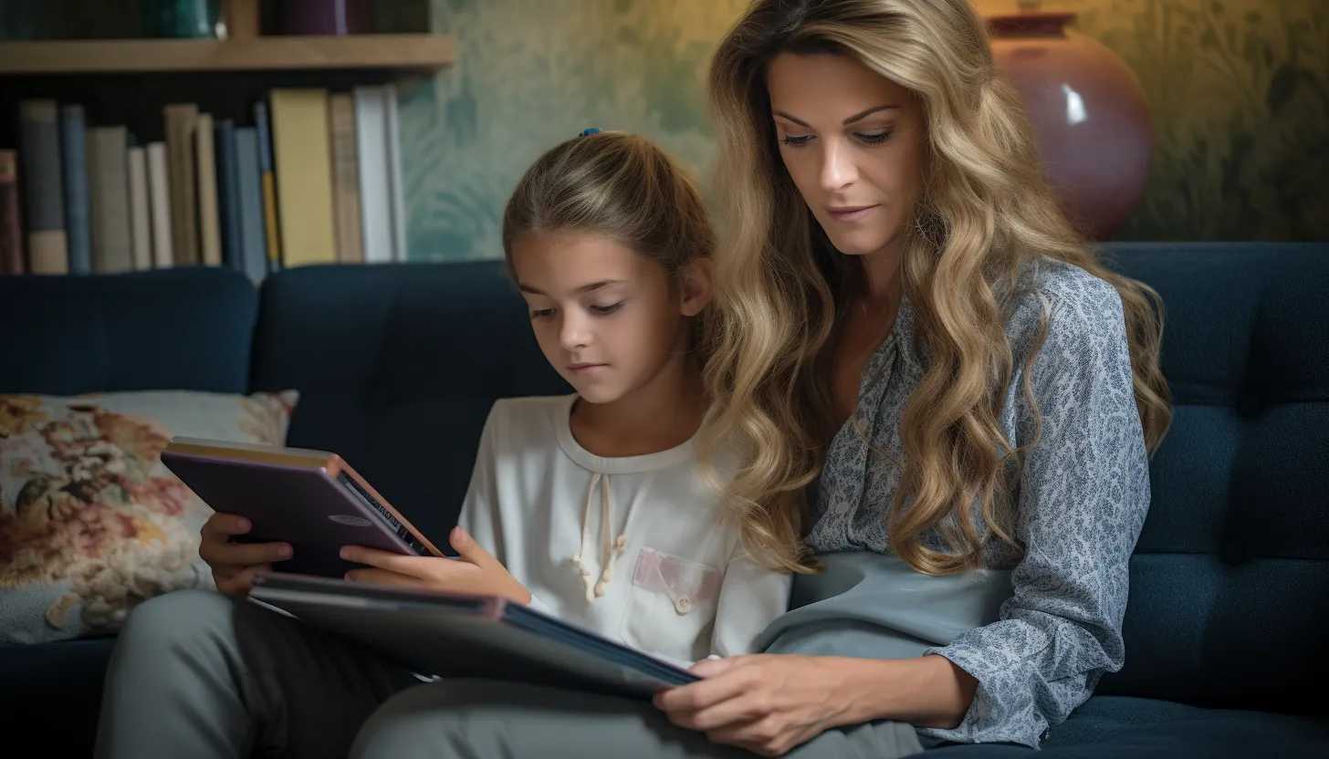 A candid photo of a mother and daughter sitting together, engrossed in reading educational material on an electronic device. The mother's concern and the daughter's noticeable intrigue reflect the significance of the Vaping Prevention and Education Resource Center developed by the FDA. Taken with Sony A7R IV.