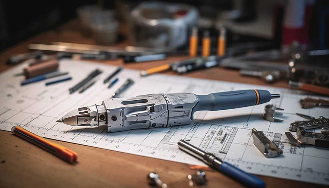 A photo of a multitool pen laying on a workbench, showcasing its various functions, taken with a Sony A7 III.