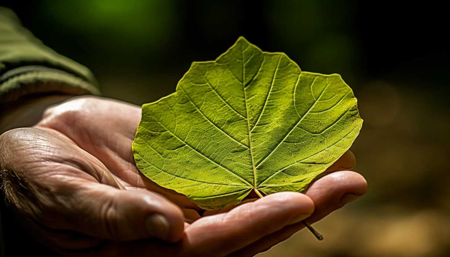 A close-up of a person's hand holding and examining a leaf, signifying forest inspection and care for nature. This could be Tom Vilsack or any other small forestland owner. (Taken with a Canon EOS 5D Mark IV)