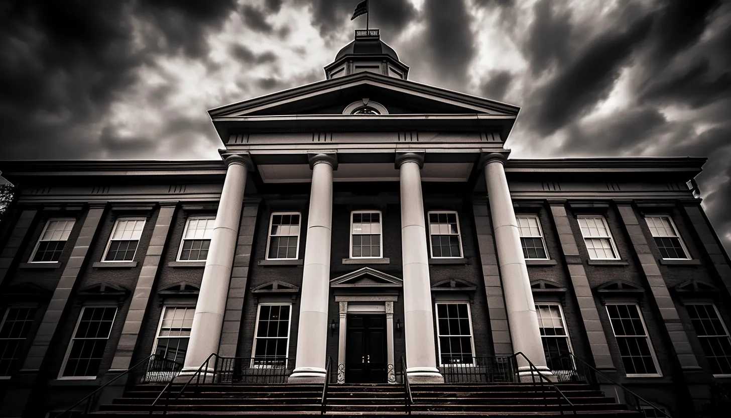 An atmospheric black and white shot of a courthouse facade, symbolizing the serious weight of the 2020 election controversy in Georgia and the subsequent criminal indictment. Taken with a Sony Alpha a7 III.