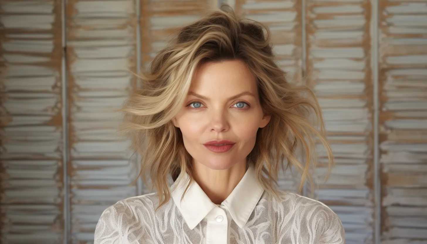 Michelle Pfeiffer, looking radiant without makeup, poses playfully for the camera against a homely backdrop. (Taken with a Canon EOS 5DS)