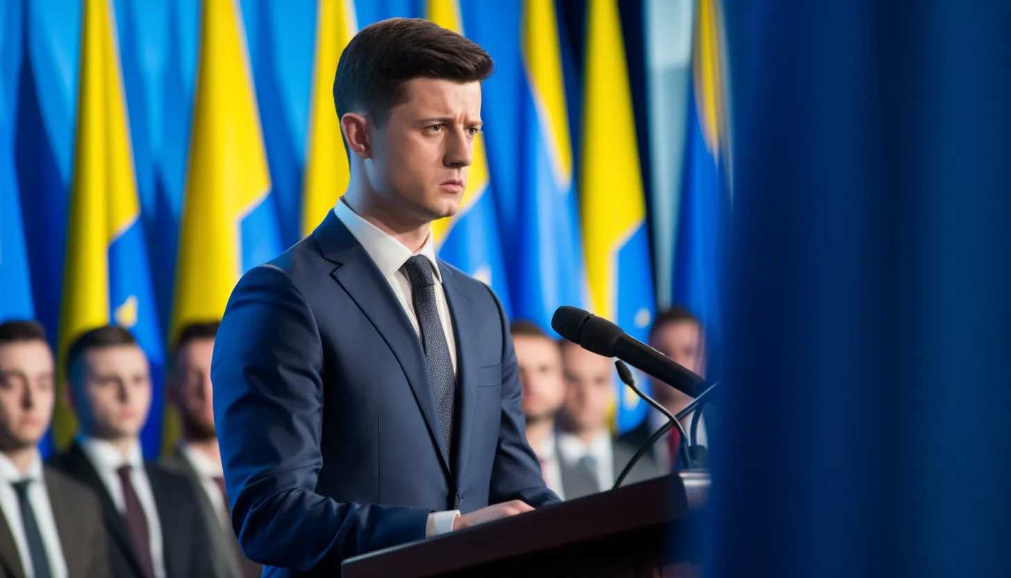A press conference-setting with Ukrainian President Volodymyr Zelenskyy, addressing a crowd of reporters. The background is filled with Ukrainian flags as he denies Ukraine's involvement in the crash. Taken with a Nikon D850.