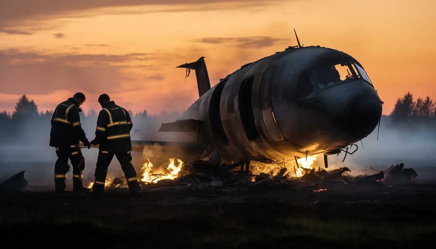An image depicting investigators studying the wreckage of an Embraer aircraft crash in the Tver region. A figure is silhouetted against the smoky, grey sky as the sun starts to set. Taken with a Canon EOS 5D Mark IV.
