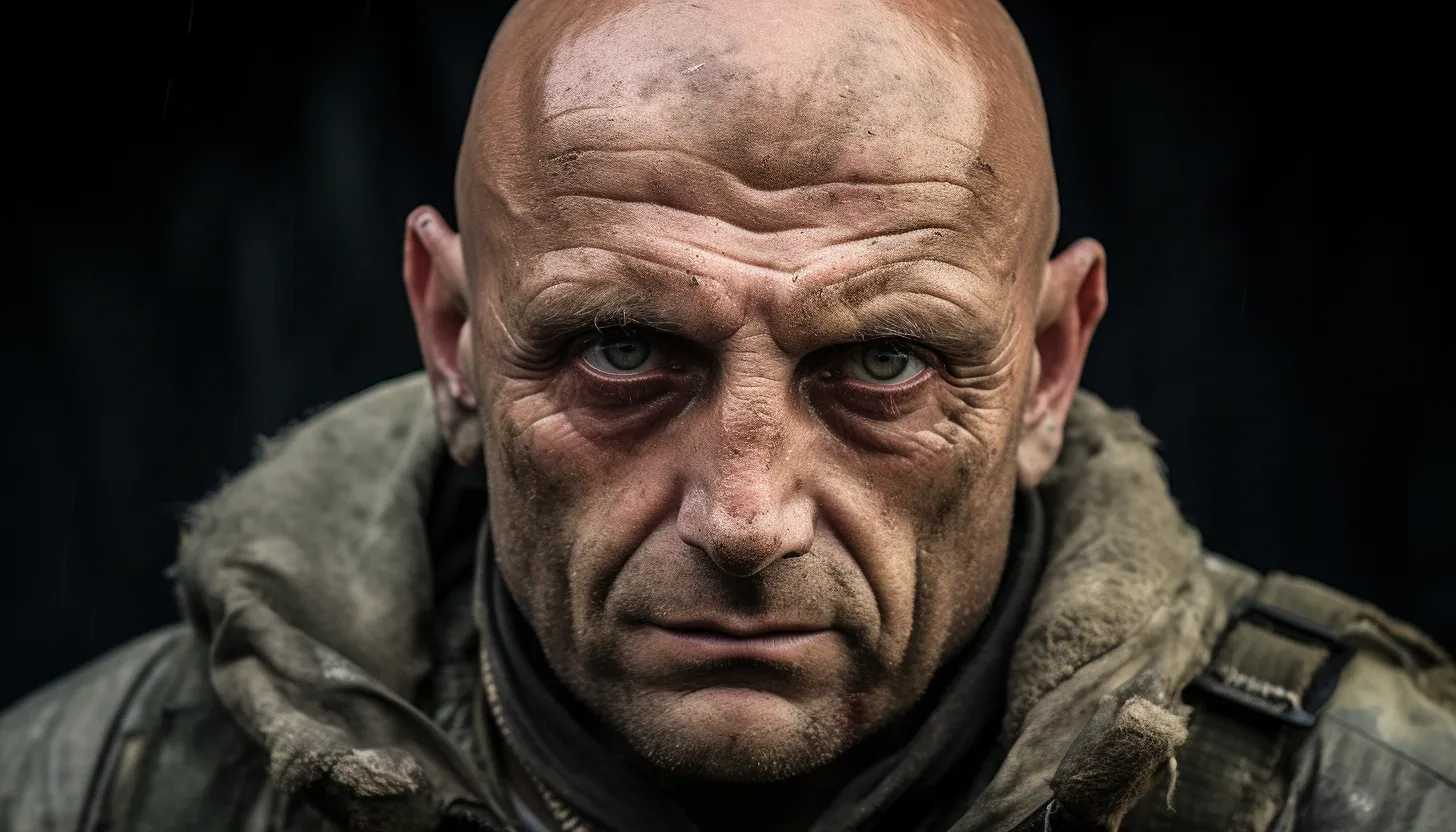 A close-up portrait of Yevgeny Prigozhin, the notorious Russian mercenary leader, hinting at his involvement in the uprising. The photo captures an expression of inscrutability, highlighting the enigmatic nature of his character. Taken with a Sony Alpha 7R IV.