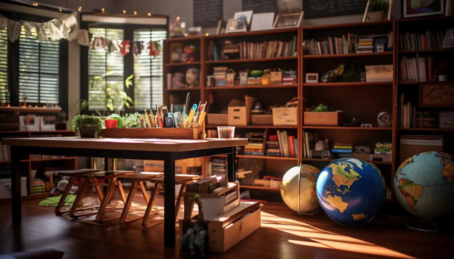 A photograph of an inviting, well-lit learning space at Davis' home, showcasing books on diverse subjects, interactive toys, and resources meant to foster creativity and learning amongst her children. Captured with the essence of homeschooling. Camera: Taken with Canon EOS 5D Mark IV DSLR.