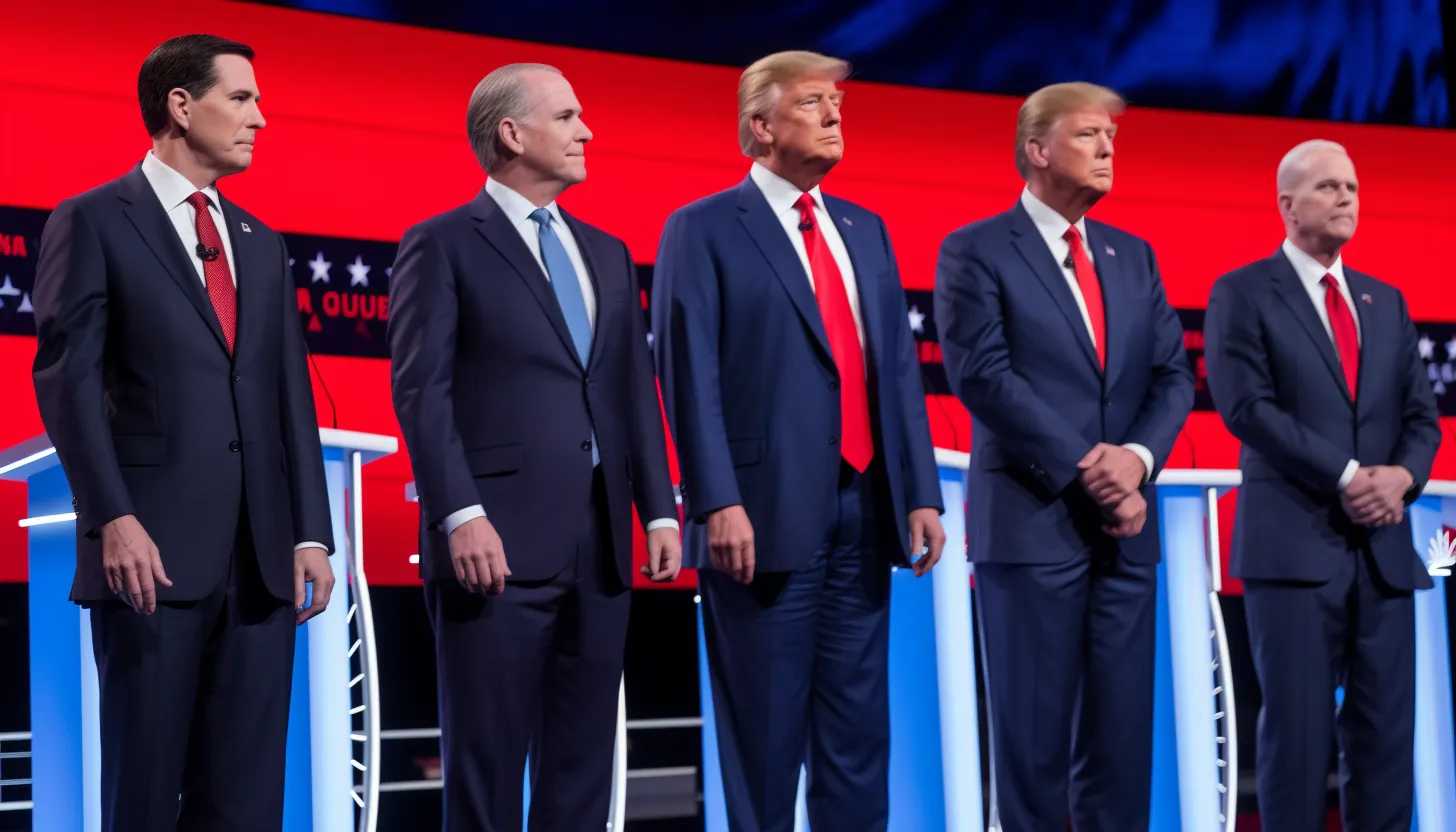 A group shot of various GOP candidates on debate stage, taken from a slightly elevated position to capture candid expressions and interaction. Each individual's identity should be clearly visible without overshadowing others. Taken with Sony Alpha a7 III.