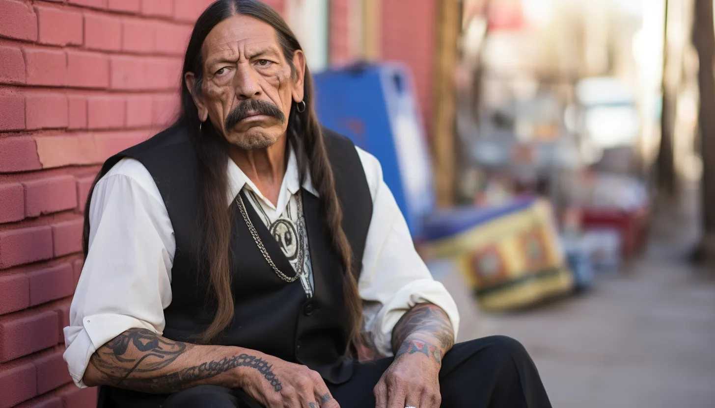 A candid picture of Danny Trejo during his early Hollywood years, deep in thought, representing his struggle and transformation, taken with a Canon EOS 5D Mark IV.