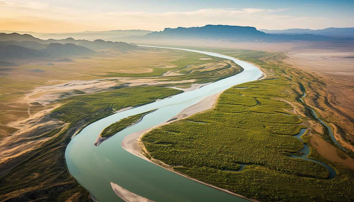 A high angle shot of the Rio Grande, marking the US-Mexico border. The water appears calm, betraying the turbulent situations unfolding at its banks. Taken with Canon 5D Mark IV.