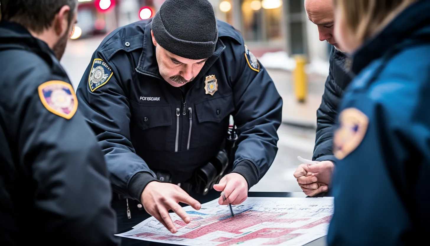 Wisconsin police in deep discussion, gathered around a street map, pinpointing the blocks where the shootings occurred - a symbol of ongoing investigations and unresolved cases. (Camera: Nikon D850)