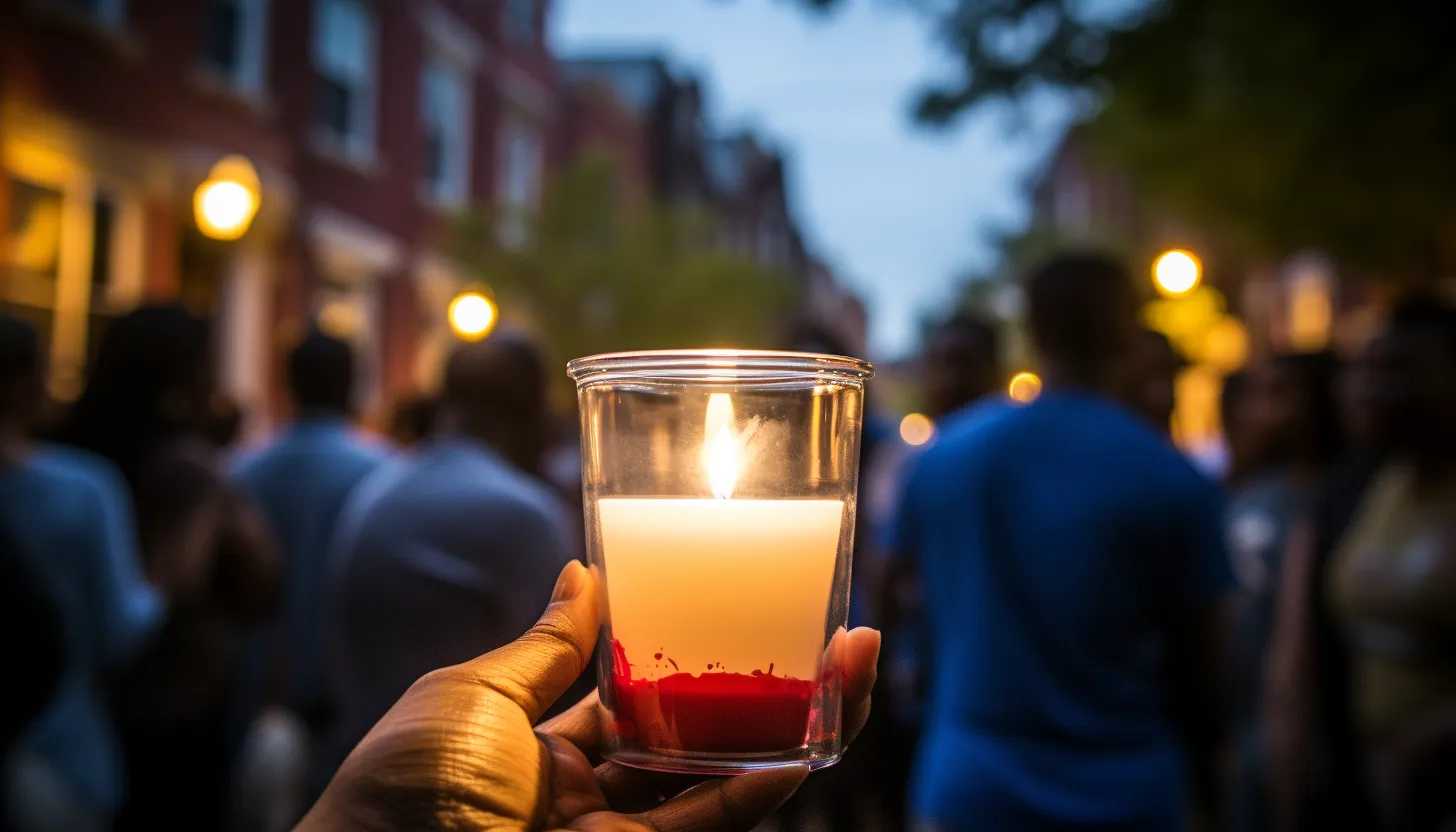 A single lit candle, with blurred vigil attendees in the background, left at the site of the 16th and Bruce shooting - signifying mourning and hope amidst the tragic weekend. (Camera: Sony Alpha a7 III)