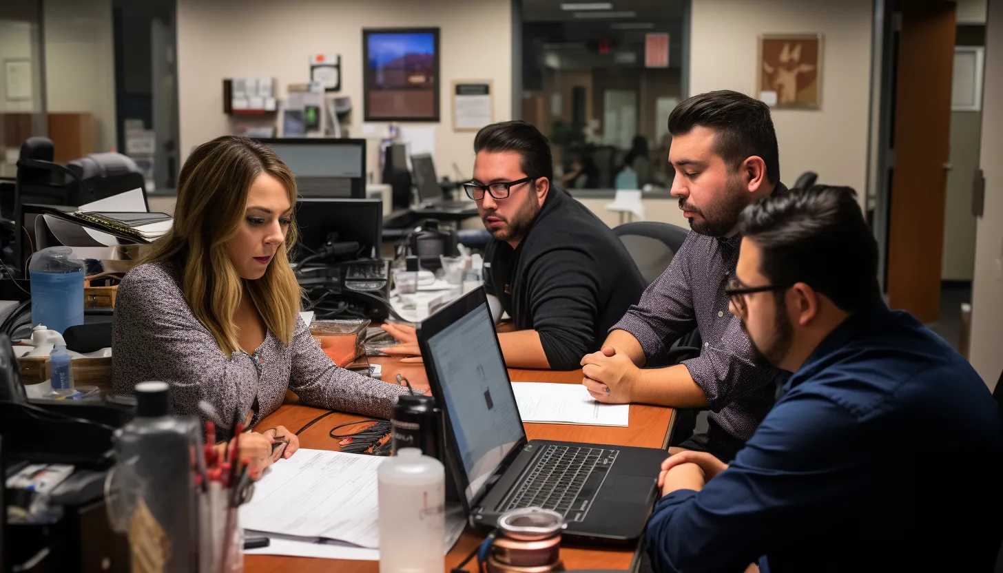 A photo of the Marion County Record newsroom, showing a staff of four people working late into the night, taken with a Nikon D850.