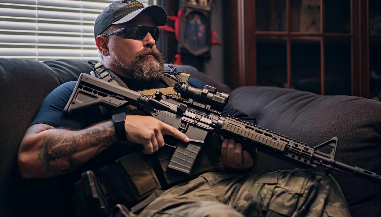 A photo of a law-abiding citizen safeguarding his home with his legally owned AR-15, emphasizing the dual nature of firearms as tools for protection and potential weapons of violence. (Taken with Sony A7 III)