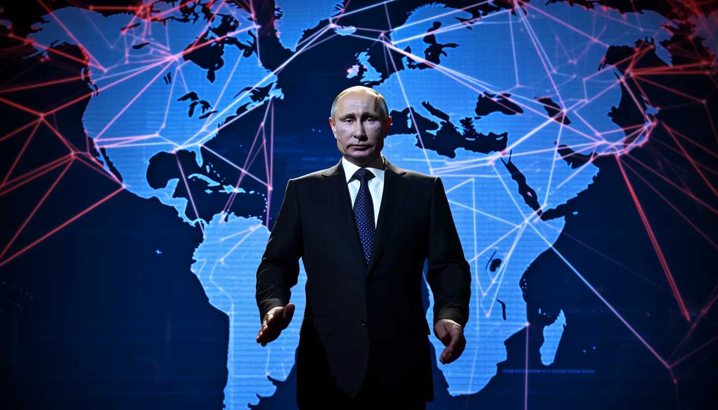 A silhouette image of Vladimir Putin against a backdrop of a digital world map showcasing emphasis on Russia, with the tagline 'Striving towards Technological Independence'. Taken with Canon EOS R5