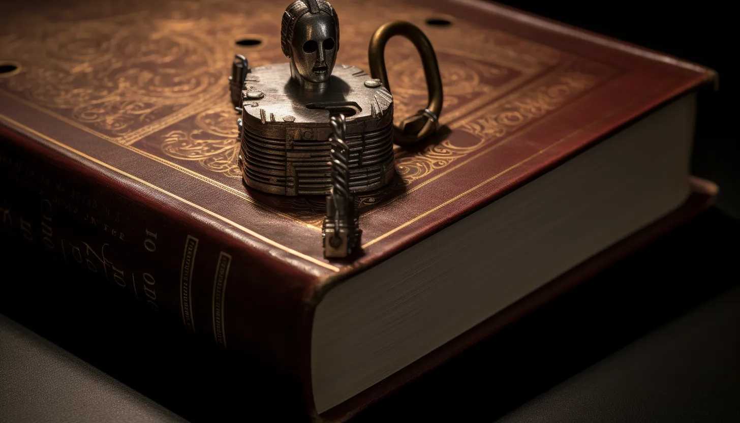 A picture representing 'Information Control'. A silver padlock on a thick book labeled 'Information', placed beside a miniature model of a soldier, symbolizing defense and security. The image is captured in a somber tone under low light. Taken with Sony Alpha 7R IV