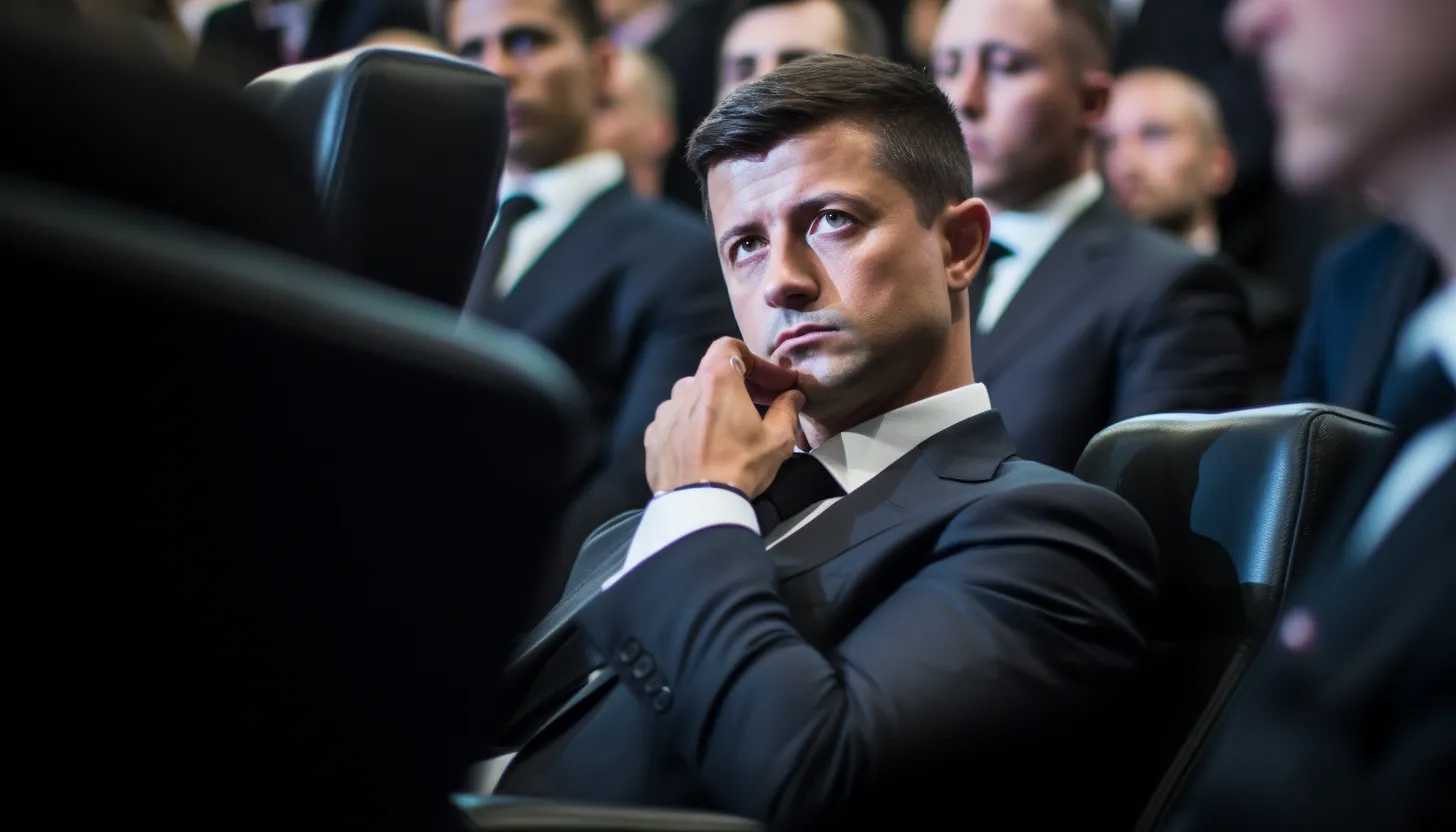 A close-up portrait of a thoughtful Ukrainian President Volodymyr Zelenskyy, signifying his speculated presence at the meeting. The photography should capture the ambiguities surrounding his attendance. Image taken with a Nikon D850.