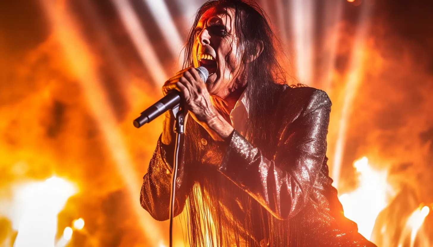 Image of Alice Cooper holding a microphone on-stage, bathed in the glow of the spotlight. The crowd is a blurred backdrop, their cheers a testament to his rock star status. Taken with a Nikon D850.