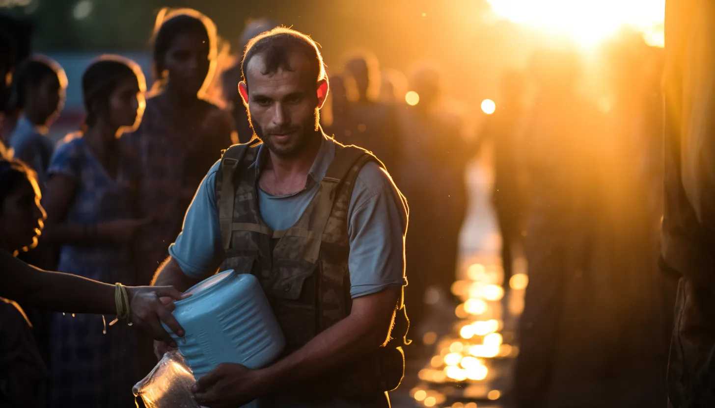 An aid worker providing water and nutritional aid, illuminating the crucial role international aid plays in these dire situations, taken with a Sony α7R IV.