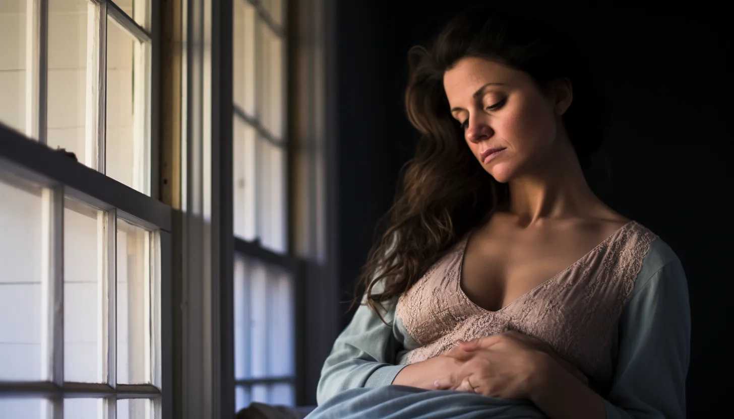 A woman clutching her belly, tears glistening in her eyes as she stares woefully into the distance. She embodies the silent struggle of postpartum depression. Taken with Canon EOS 5D Mark IV.