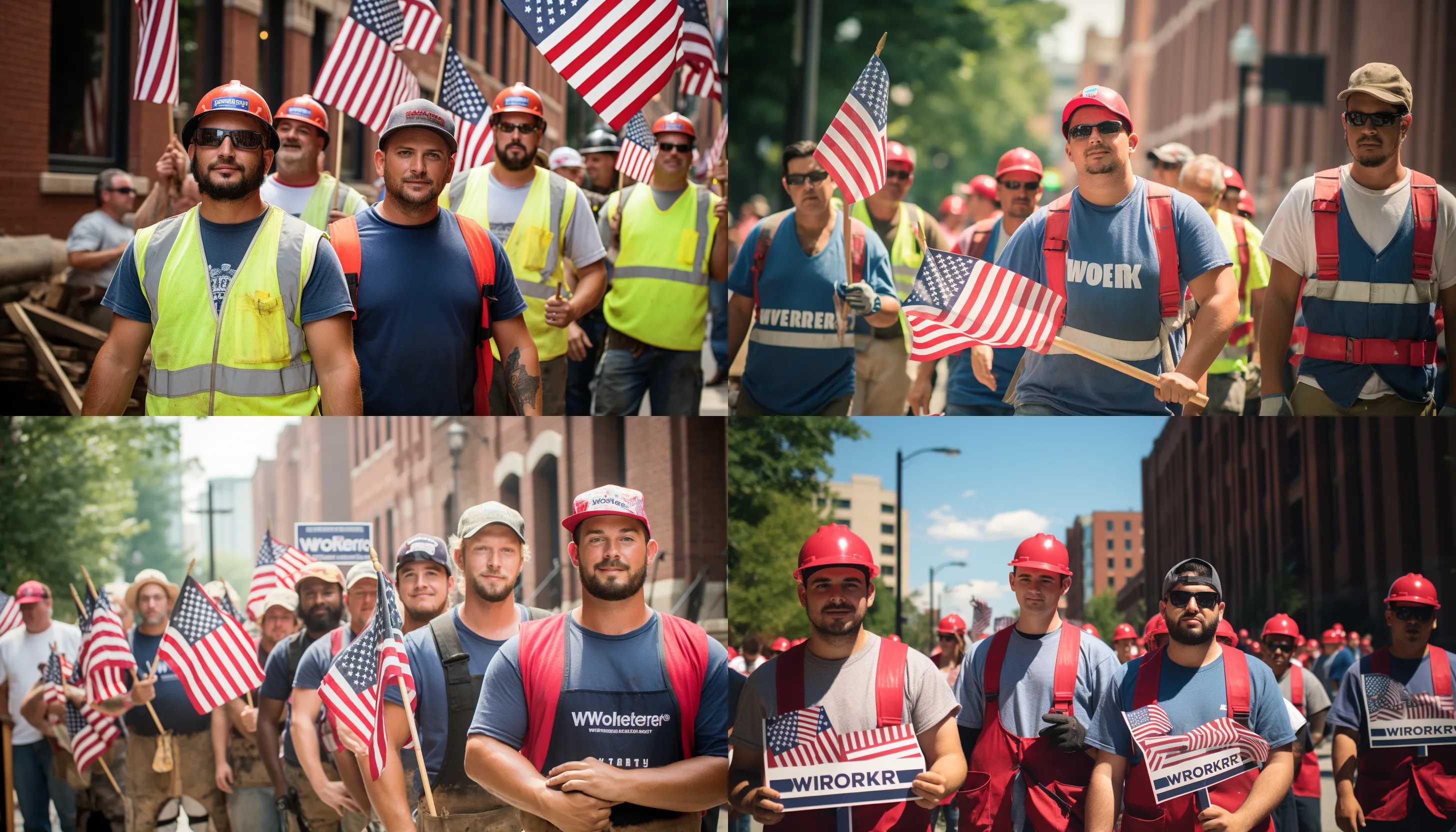 A group of workers holding signs that say 'Workers' Rights' on Labor Day, taken with a Nikon D850.