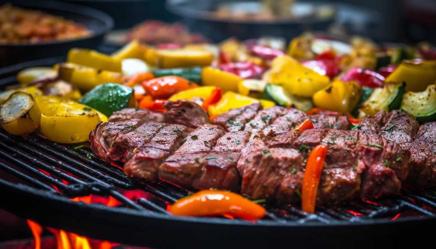 A close-up shot capturing the vibrant colors and sizzling grill at a Labor Day barbecue (taken with Canon EOS 5D Mark IV).