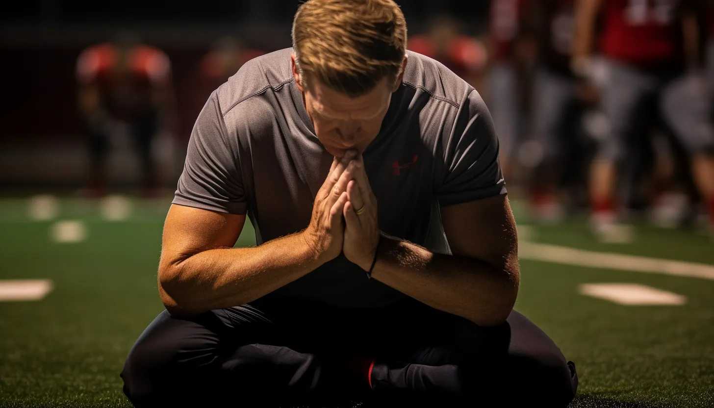 Coach Joe Kennedy kneeling in prayer on the football field, expressing his faith and determination, taken with a Nikon D850