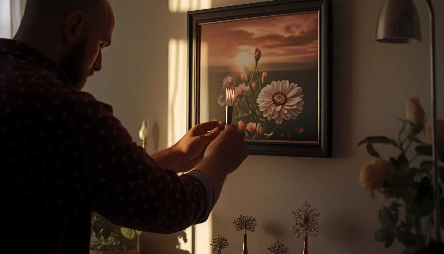 An image of a person using a kitchen fork to hang a picture frame on a wall, taken with a Canon EOS R.