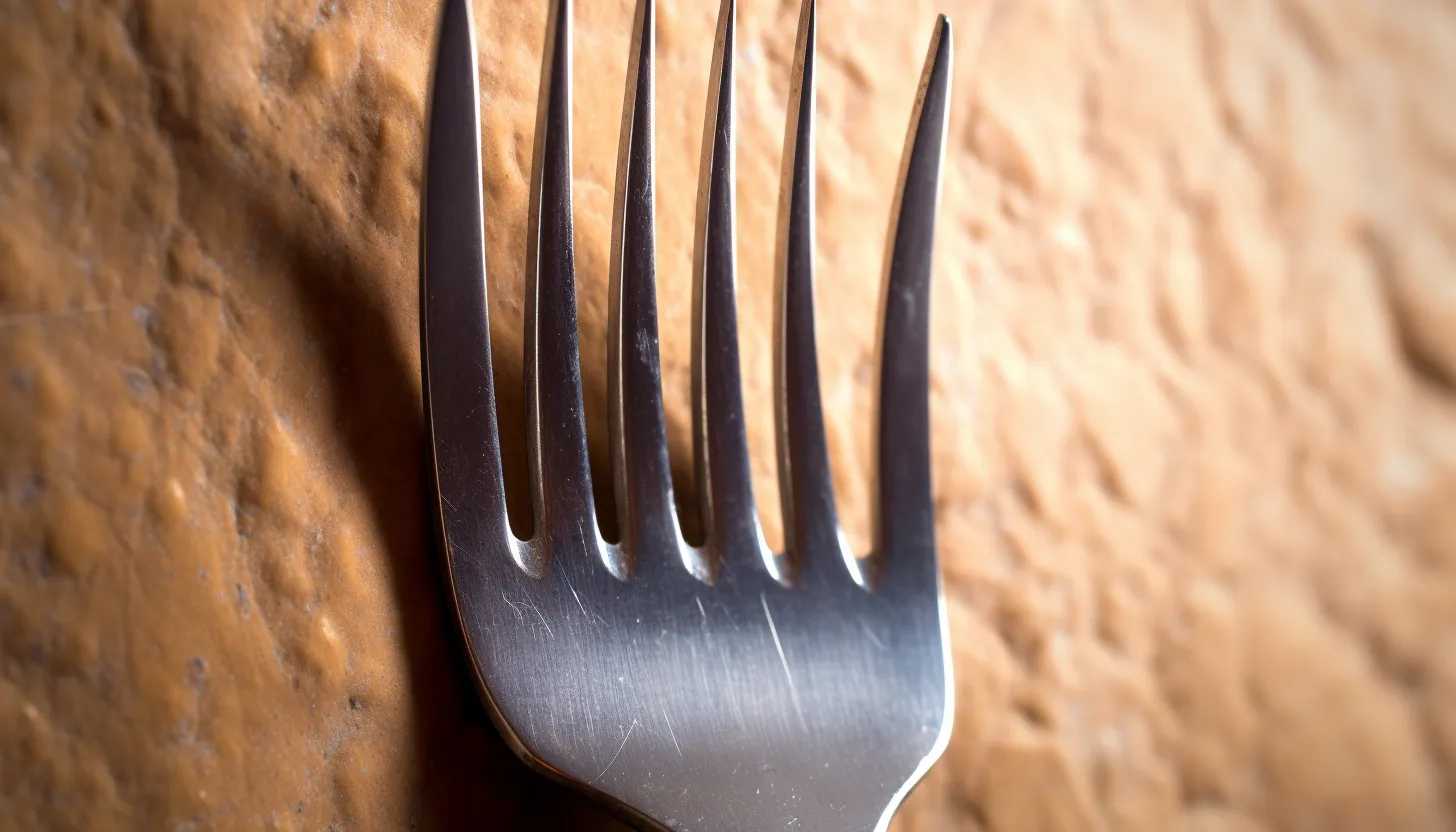 A close-up photo of an upside-down fork wedged between the wall and a nail head, demonstrating the viral picture hanging hack, taken with a Nikon D850.