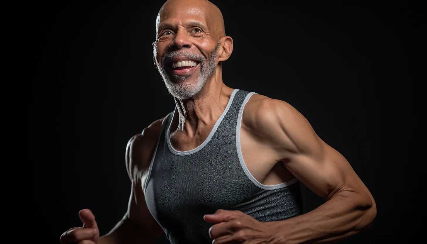 Regular physical activity can contribute to a faster recovery. Stay motivated with a photo of basketball legend Kareem Abdul-Jabbar engaging in a light exercise routine, taken with a Sony Alpha a7 III.