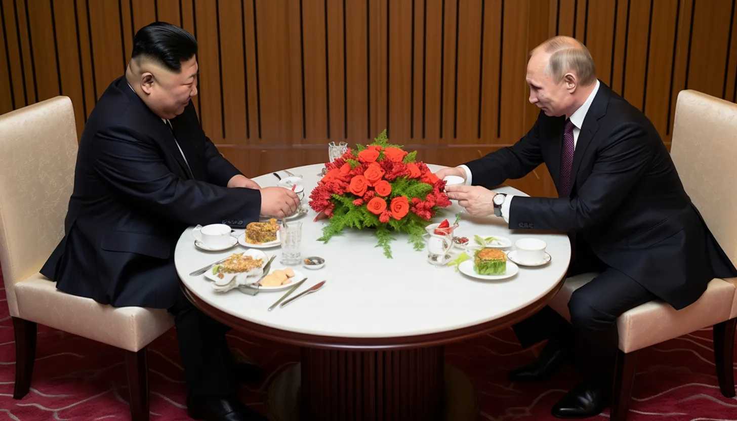A photo of North Korean leader Kim Jong Un meeting with Russian President Vladimir Putin, taken with a Nikon D850 camera.