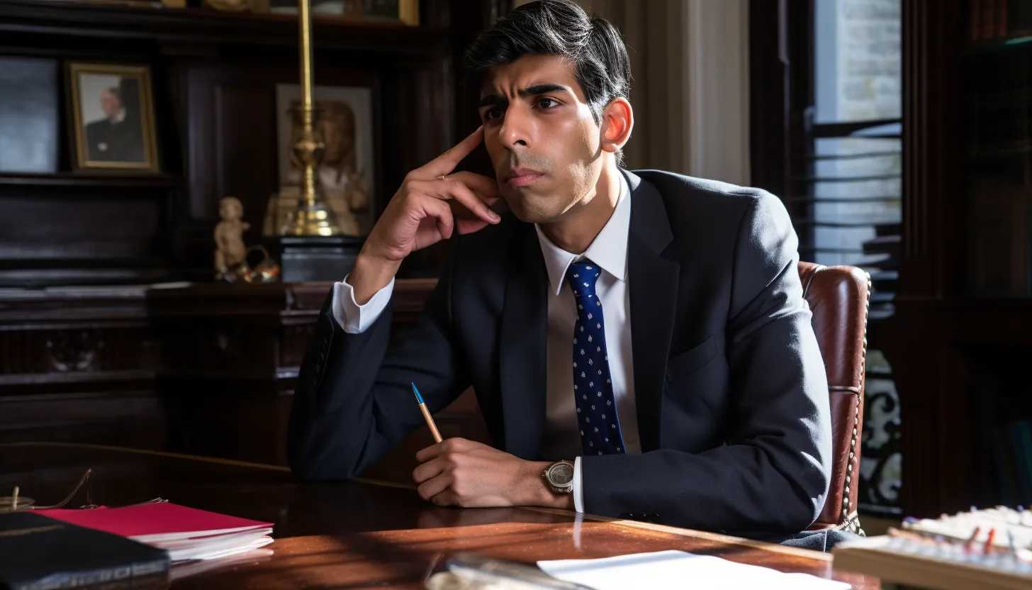 A shot of Prime Minister Rishi Sunak in deep thought at his desk, symbolizing the evaluation of Britain's response - Taken with Canon EOS 5D Mark IV