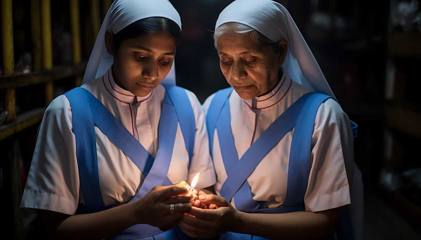 A photograph of nuns from the Missionaries of Charity caring for the poor, captured with a Sony A7III.
