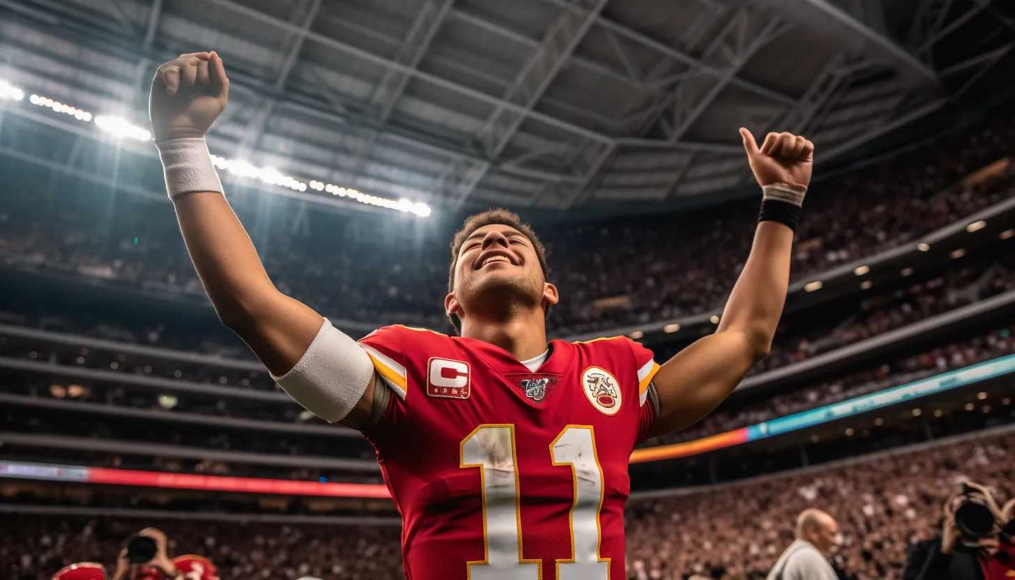 Patrick Mahomes leading the Kansas City Chiefs to victory, photographed with a Canon EOS R.