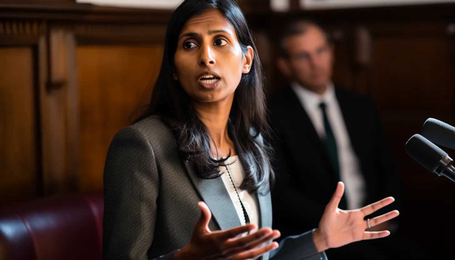 A photo of Suella Braverman, the UK Home Secretary, speaking at a press conference, taken with a Nikon D850 camera.