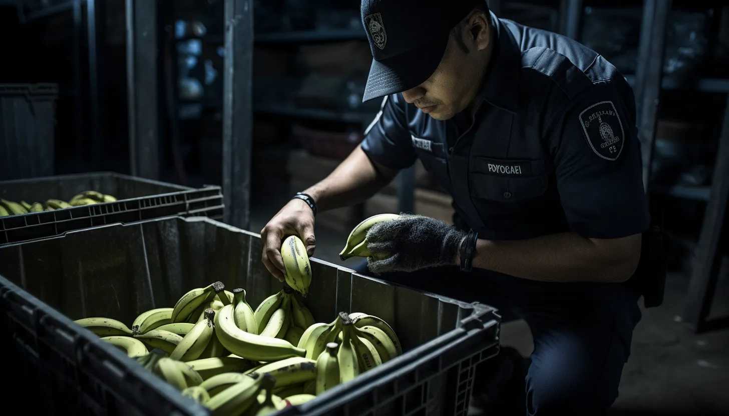 An image of a police officer inspecting a banana shipment, looking for hidden cocaine, taken with a Canon EOS 5D Mark IV.