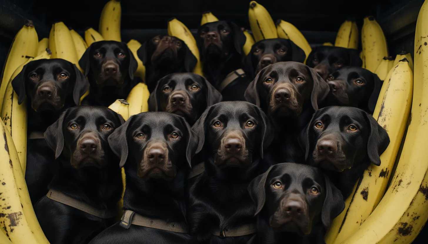 A photograph of a group of drug-sniffing dogs trained to detect cocaine in banana shipments, taken with a Sony A7 III.