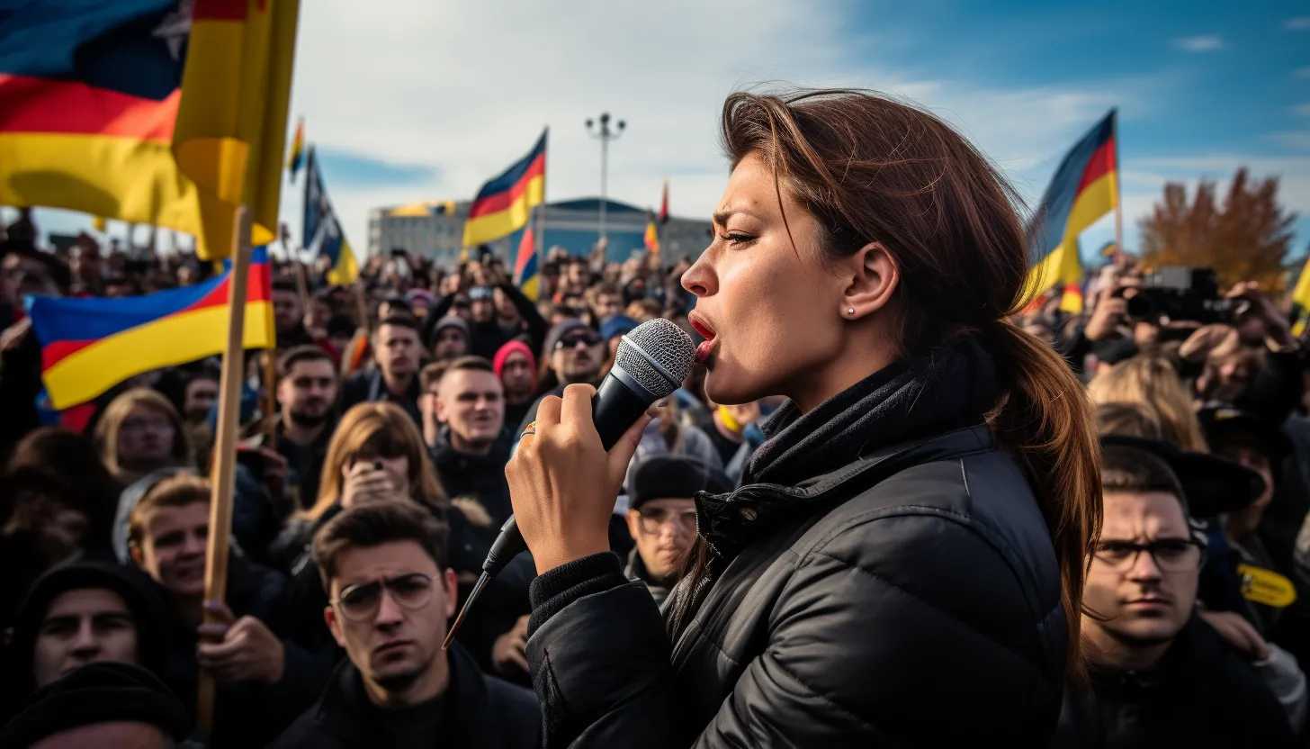 A powerful image of Sviatlana Tsikhanouskaya addressing a crowd of supporters during a rally, photographed with a Sony Alpha A7 III.