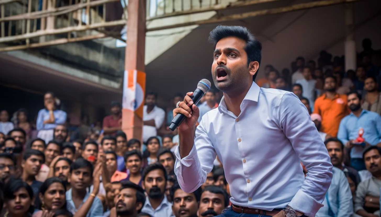 Vivek Ramaswamy passionately delivering a speech during a campaign rally, taken with a Nikon D850