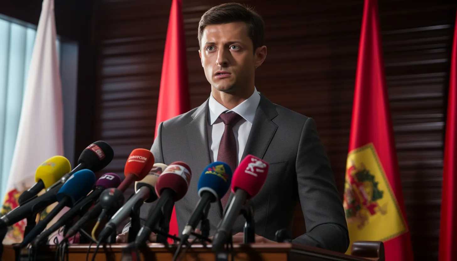 Volodymyr Zelenskyy addressing the media, with a serious expression on his face, taken with a Canon EOS 5D Mark IV