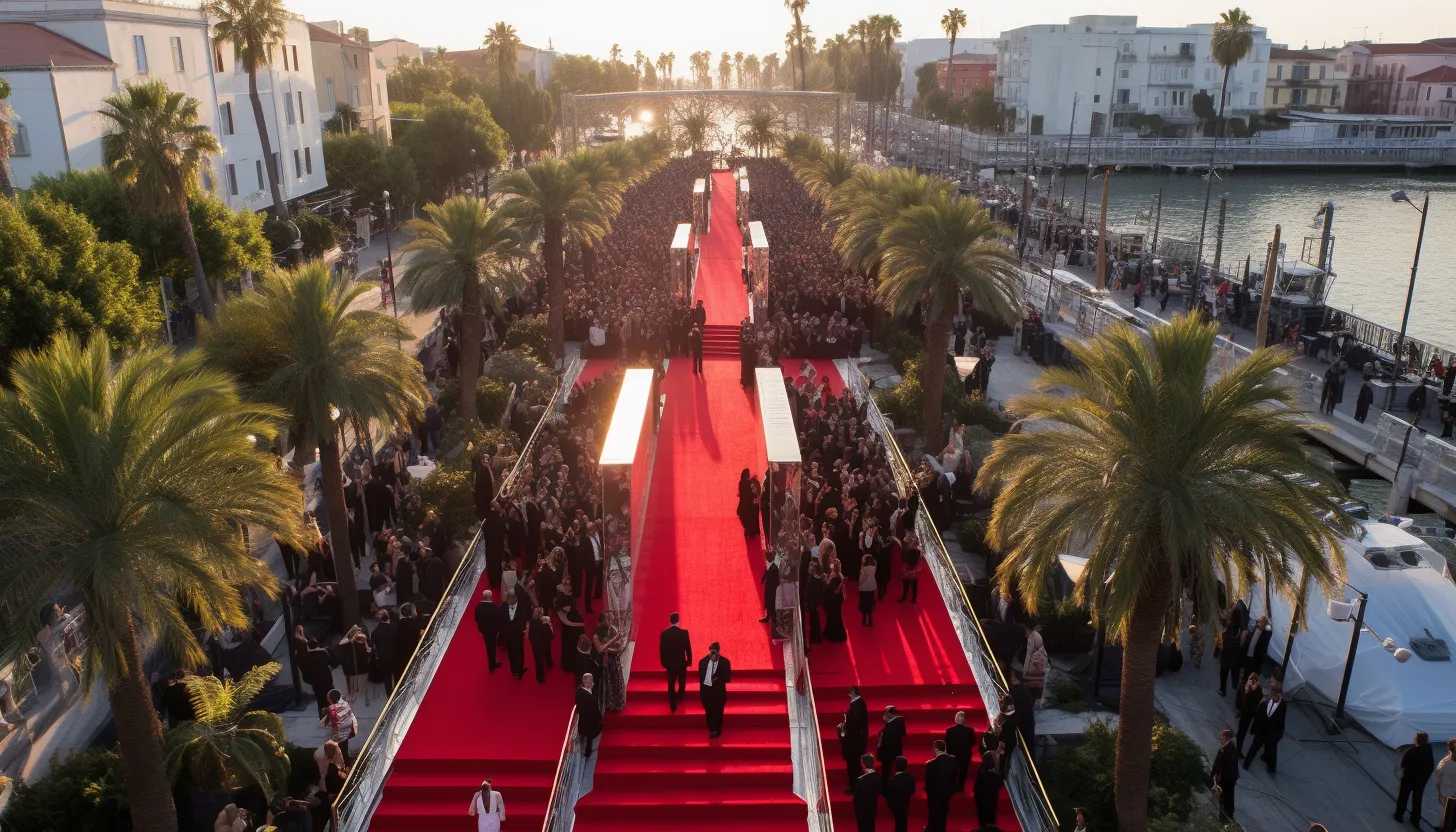 An aerial view of the bustling red carpet at the Venice Film Festival, capturing the glamour of the event, taken with a Sony A7 III.