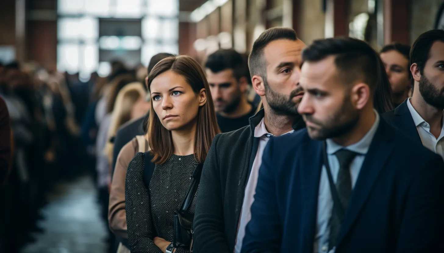 A picture of people waiting in line at a job fair, taken with a Nikon D850.