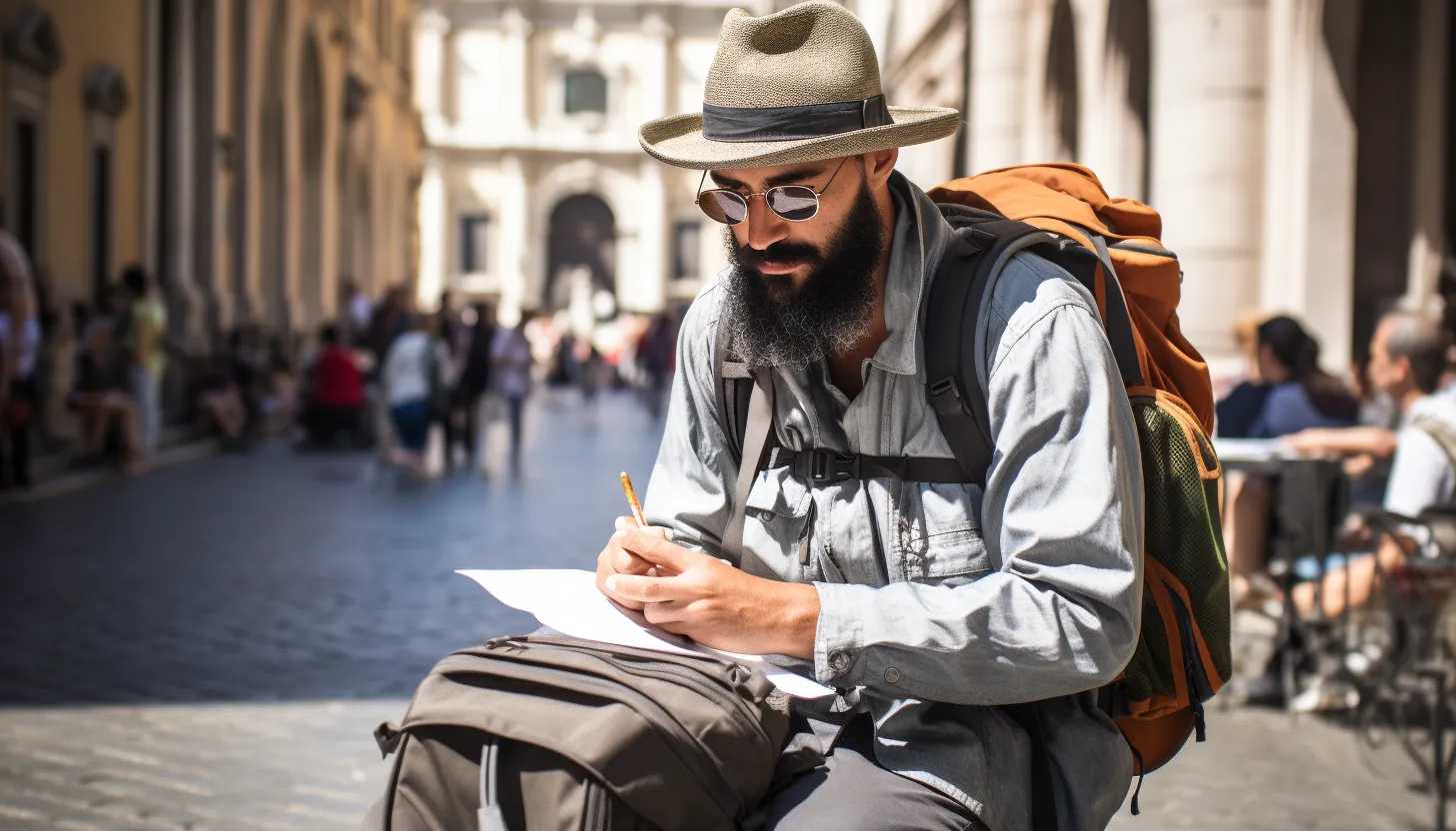 A captivating shot of a traveler meticulously sketching out their itinerary for their Rome vacation, taken with Nikon D850.