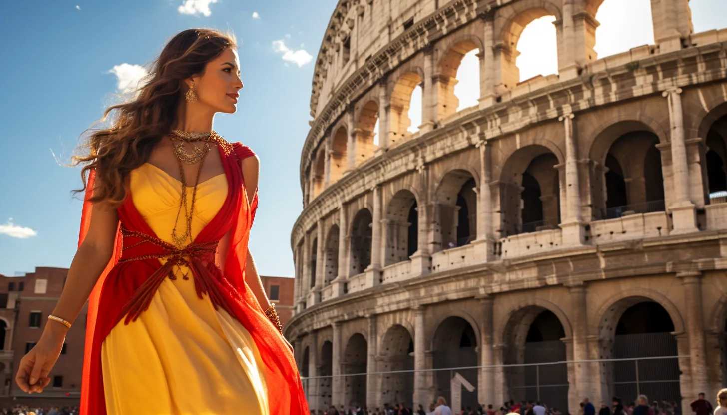 A vibrant and stunning photo of a stylish tourist posing in front of the grand Colosseum, holding skip-the-line passes, snapped with Canon EOS 5D Mark IV.