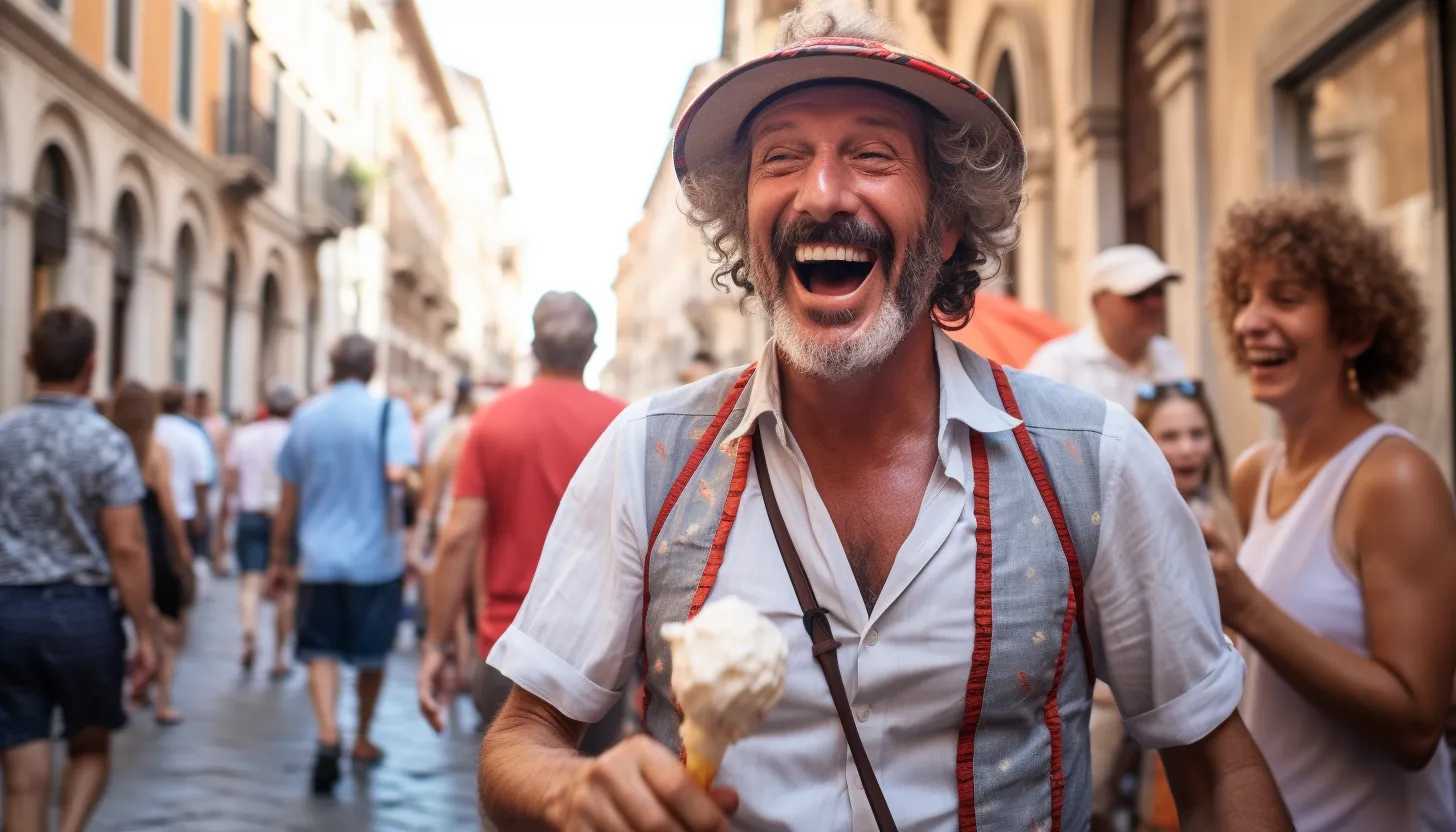 A candid shot of a delighted visitor savoring traditional Gelato amidst the hustle and bustle of a Roman street, captured with Sony Alpha 7R IV.
